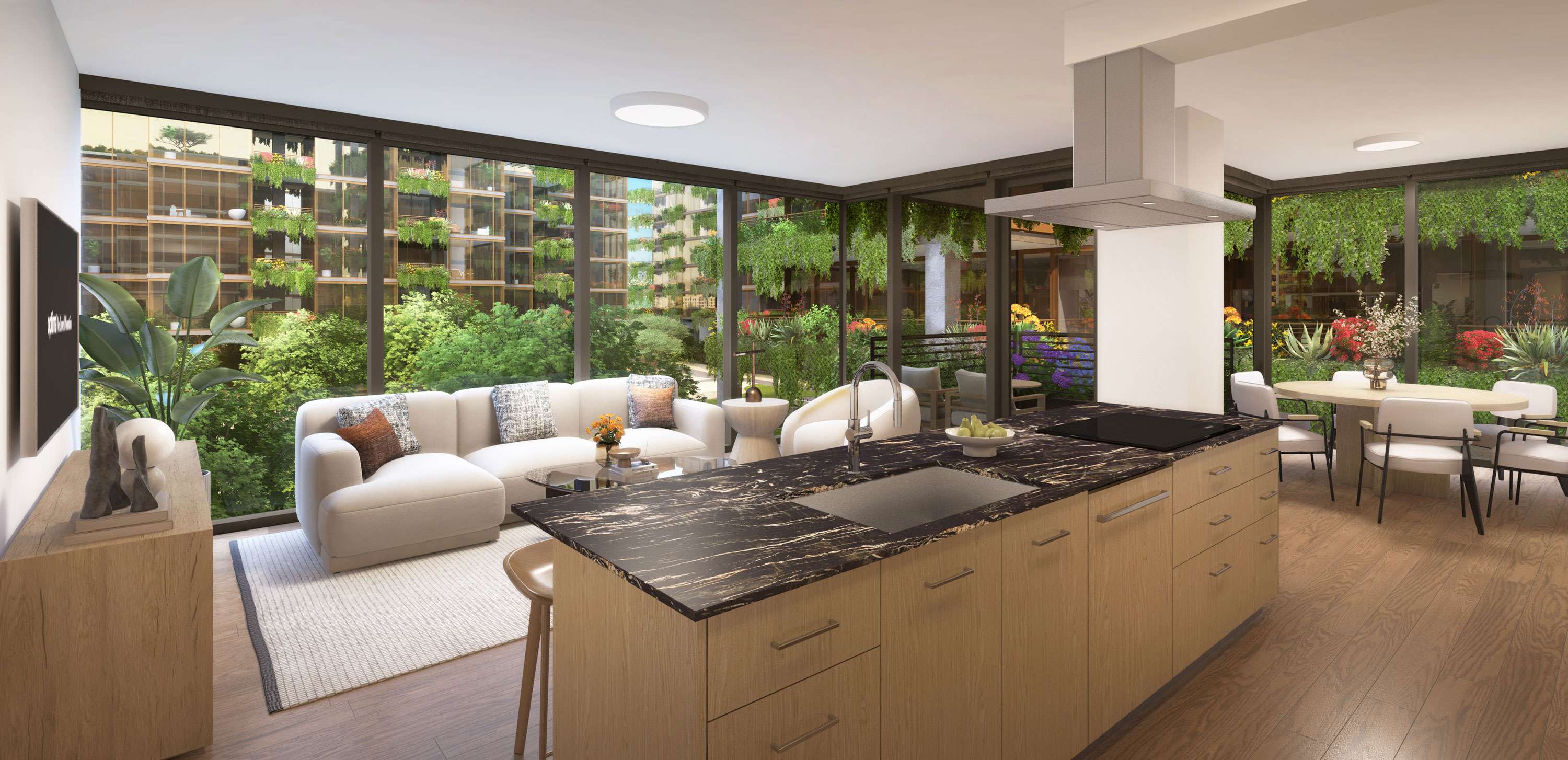 Interior rendering of a Optima McDowell Mountain Village residence, featuring a kitchen with dark marble countertops.