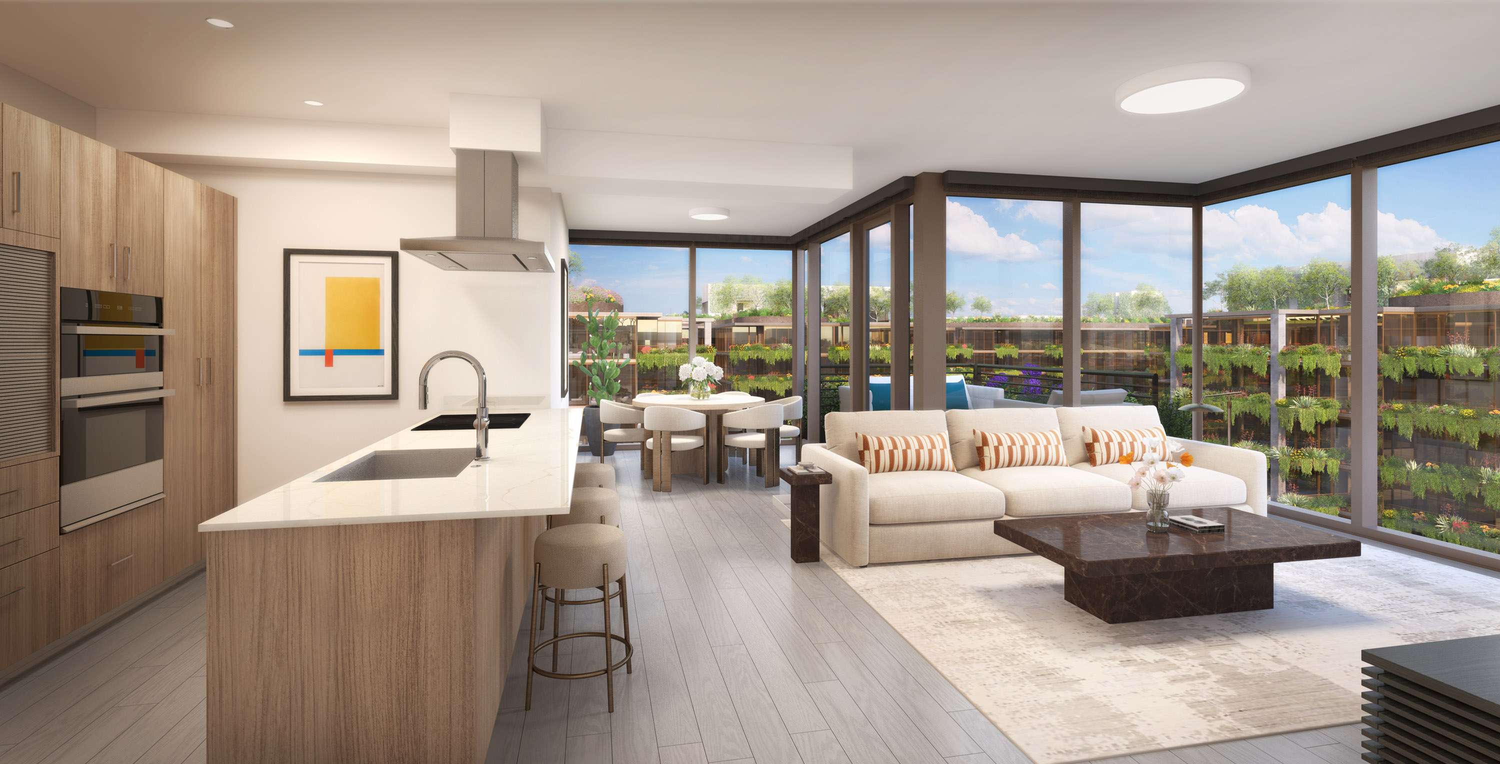 Interior rendering of an open-concept living, dining, & kitchen from the 2B-08 floor plan at Optima McDowell Mountain.