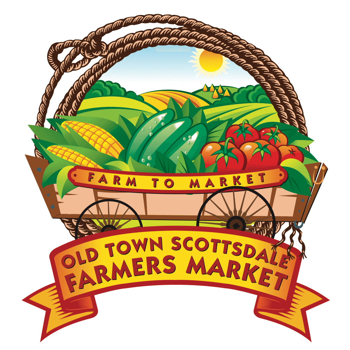 The official logo of the Old Town Scottsdale Farmers Market located in Arizona, an illustrated basket of various vegetables.