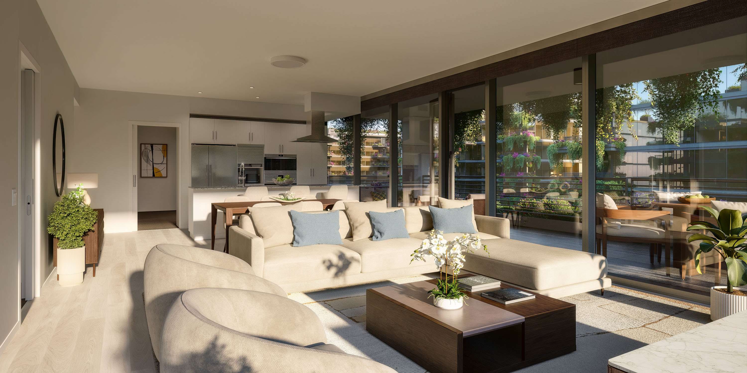 Rendering of a living area & kitchen at Optima McDowell Mountain, contemporary neutral furnishings, sliding glass walls.
