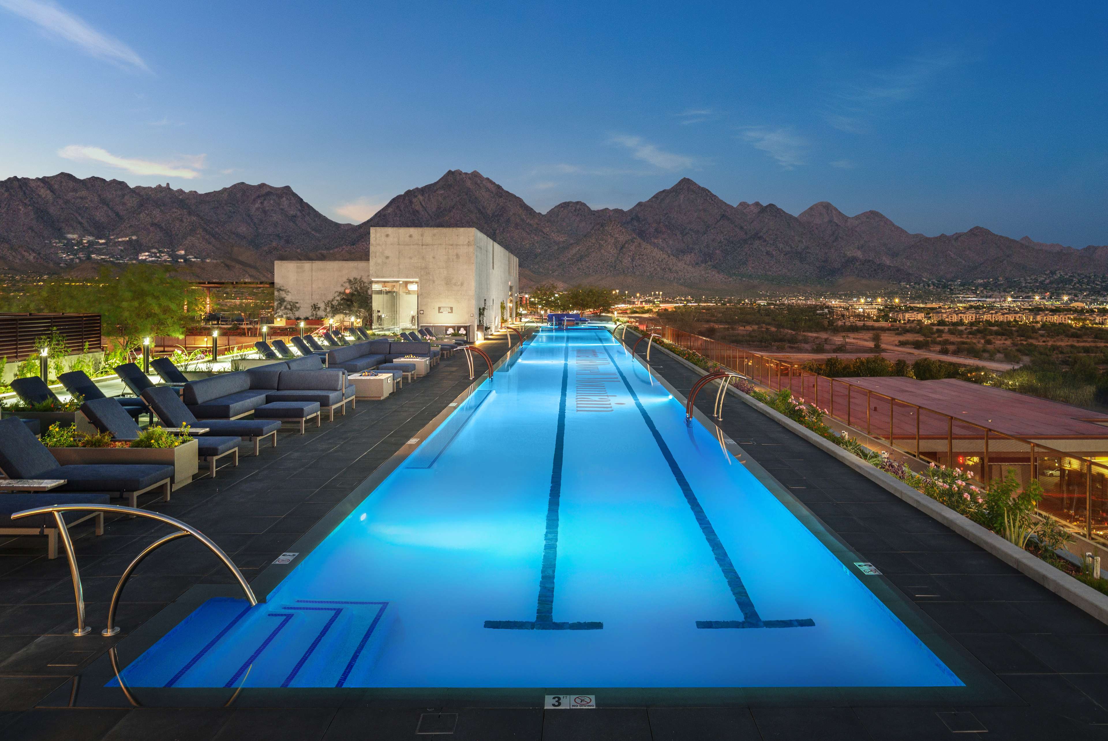 A 50-meter Olympic length rooftop pool at the Optima McDowell Mountain luxury residences in North Scottsdale, Arizona.
