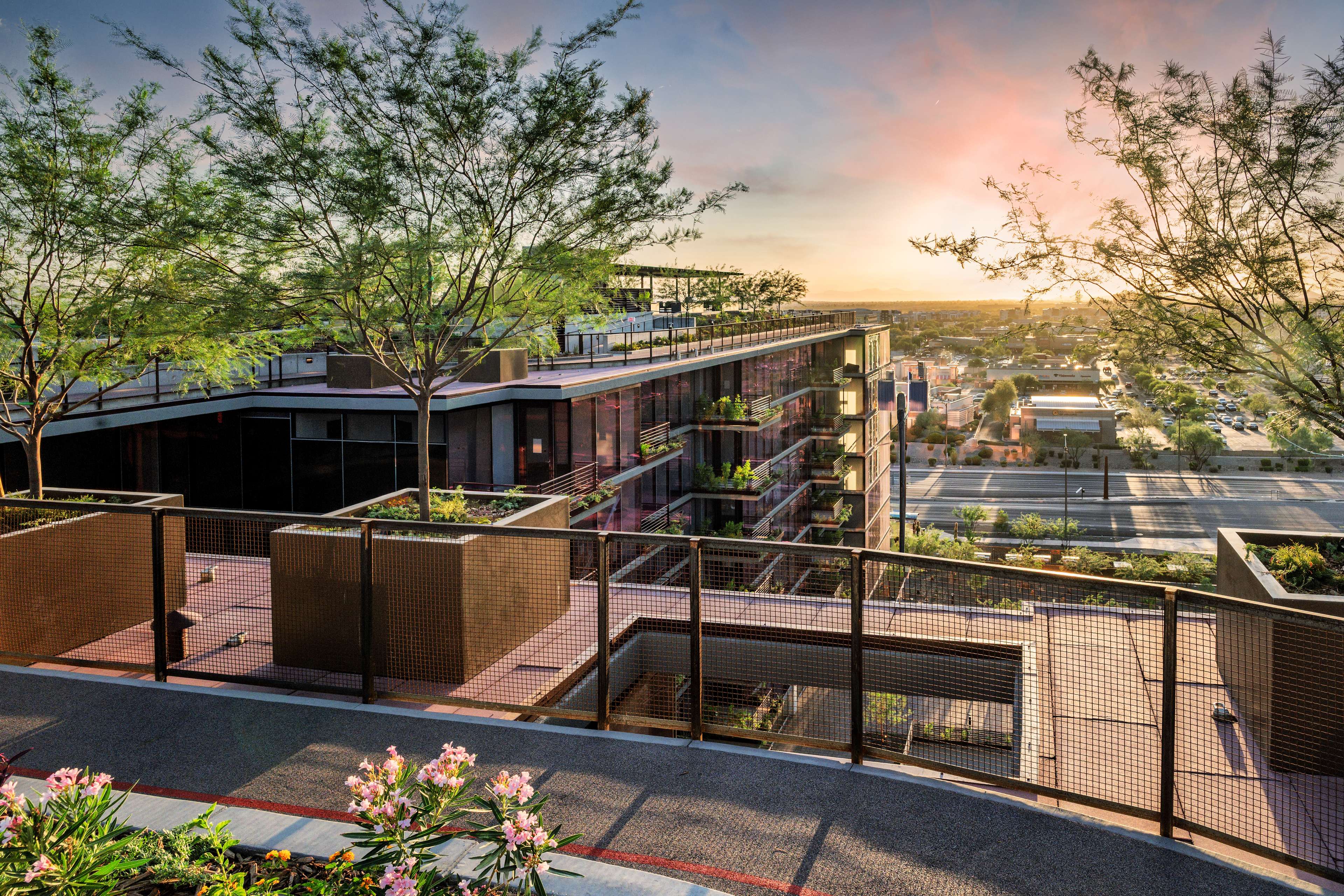 The rooftop deck of the Optima McDowell Mountain luxury condominium complex in Scottsdale, Arizona at sunrise.