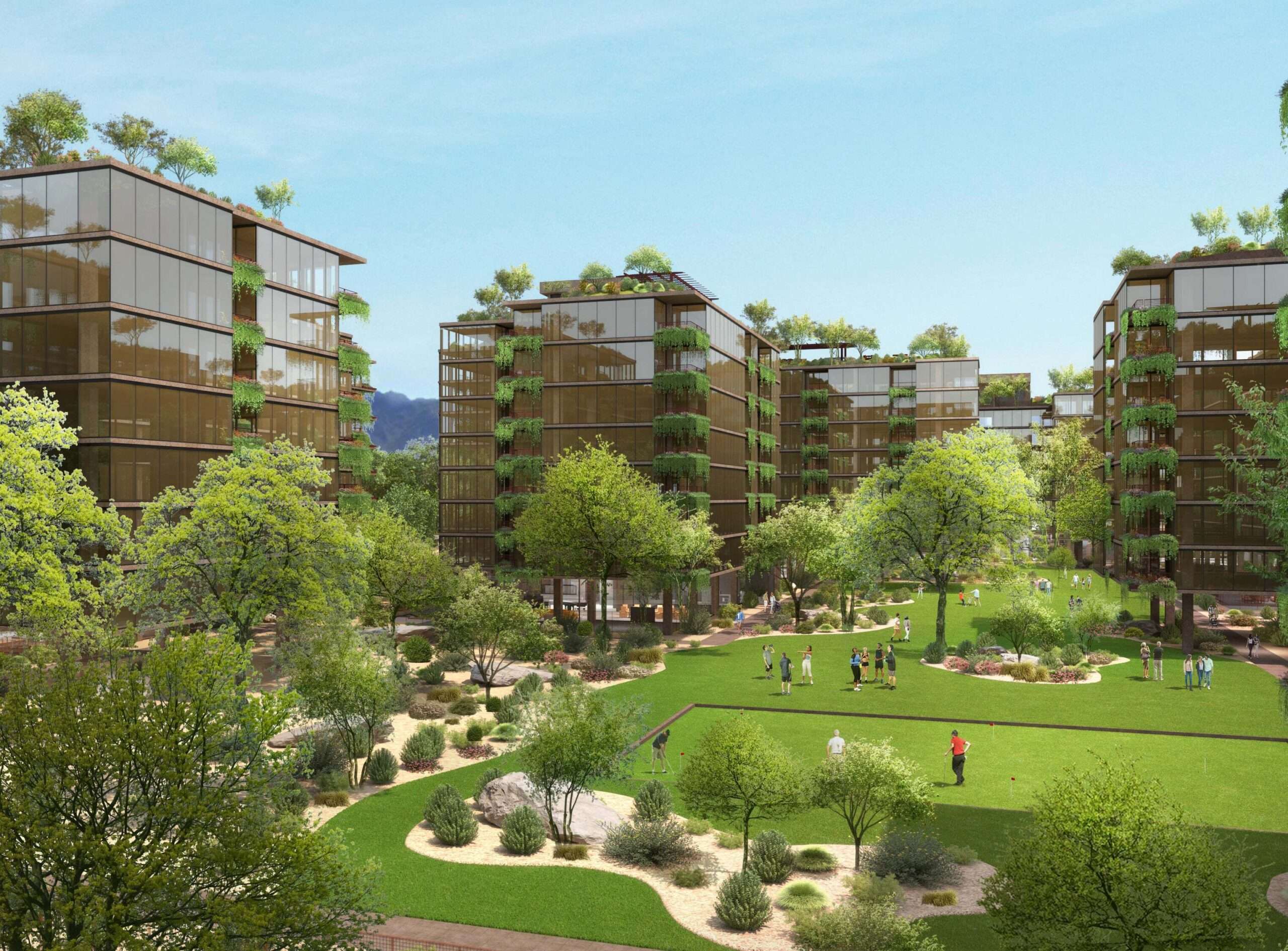 A rendering of Optima McDowell Mountain Village, a mixed-use building in Scottsdale with signature vertical landscaping.