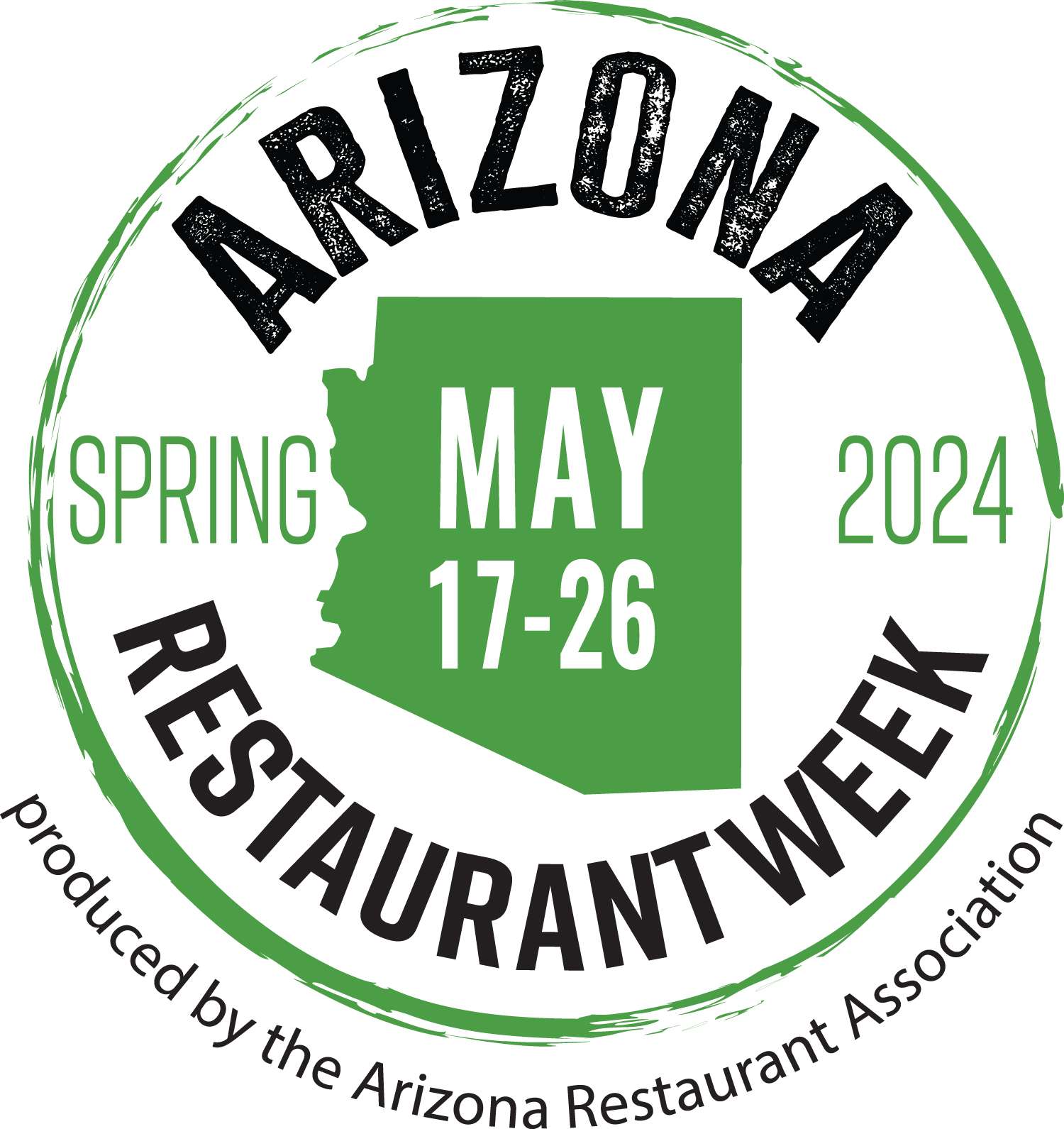 The logo for Arizona Restaurant Week during May 17-26, 2024, organized by the Arizona Restaurant Association.