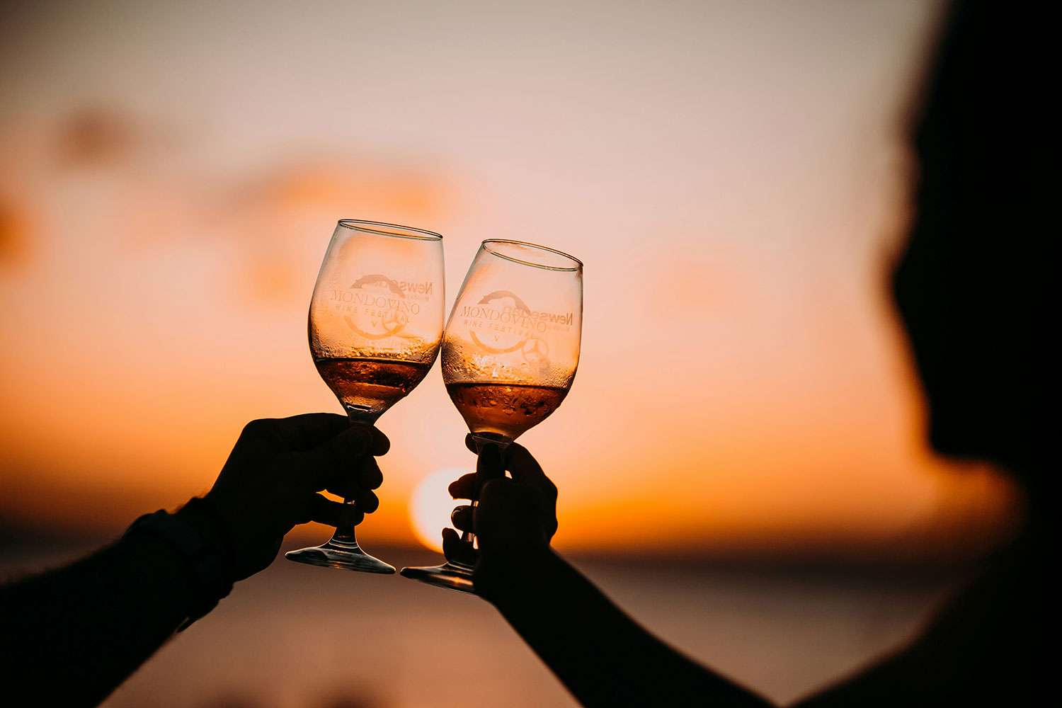 Two custom-branded Mondovino Wine Festival glasses, with rose in each glass clinking against a sunset backdrop.
