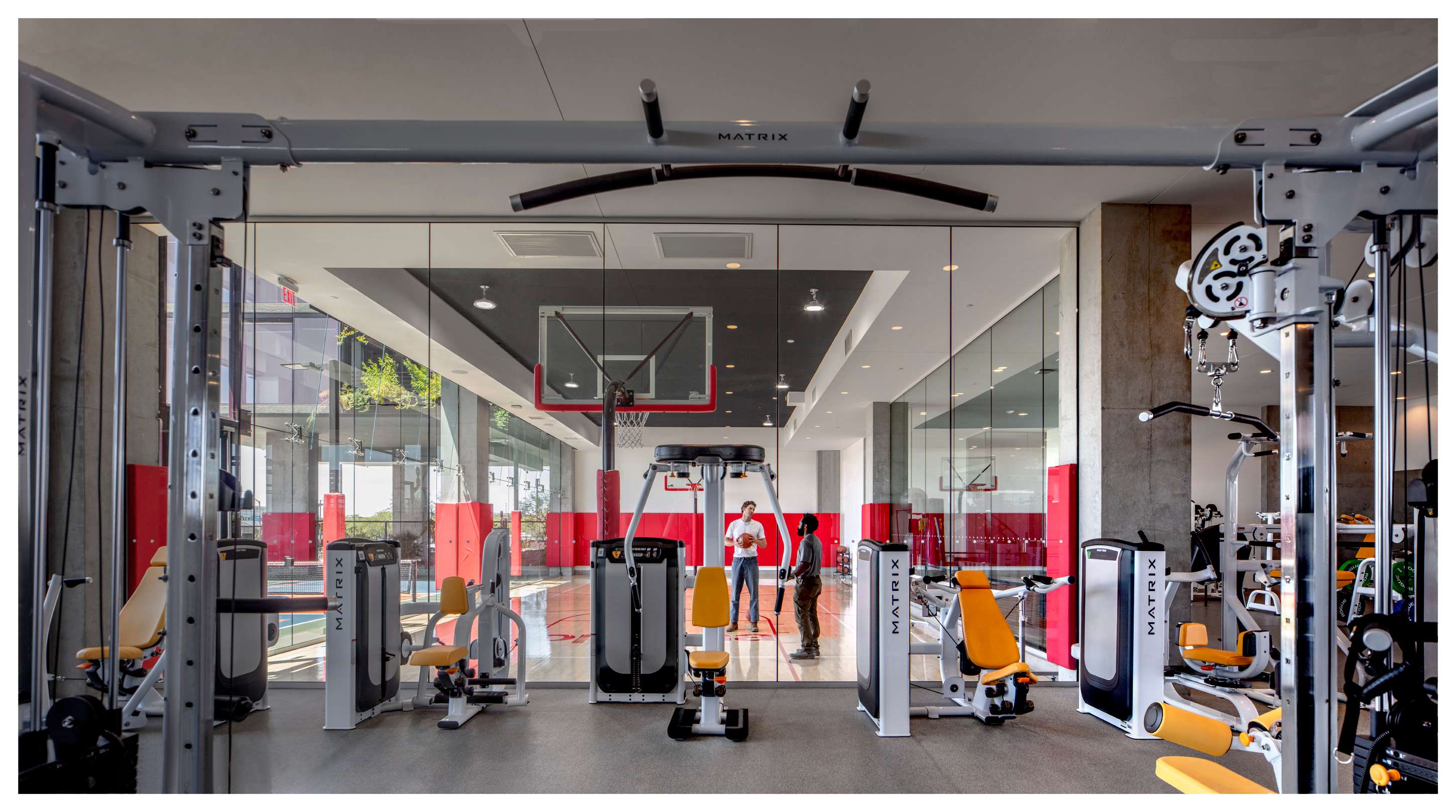 Fitness center located within the Optima McDowell Mountain Apartments in Scottsdale, featuring Matrix gym equipment.